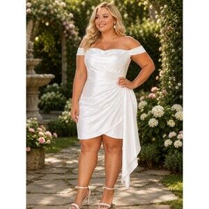 KissProm Zephyra Sheath Off Shoulder Satin White Mini Dress Sz 18 Bridal Wedding